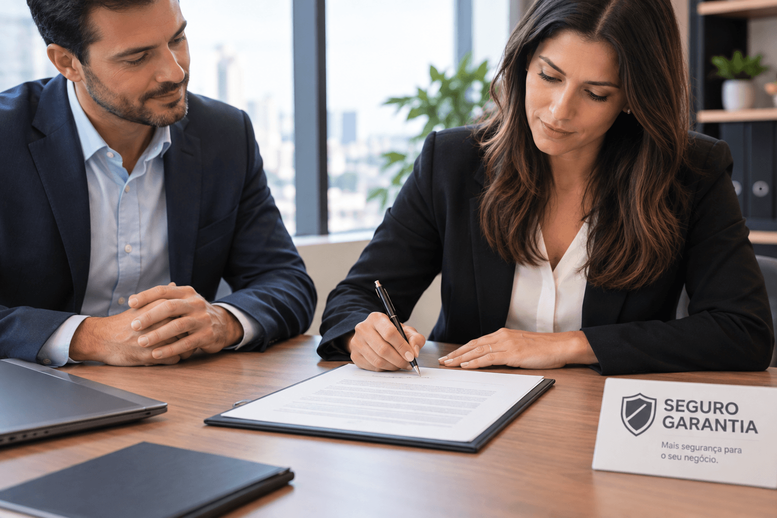 Duas pessoas assinando contrato em ambiente corporativo, seguro garantia