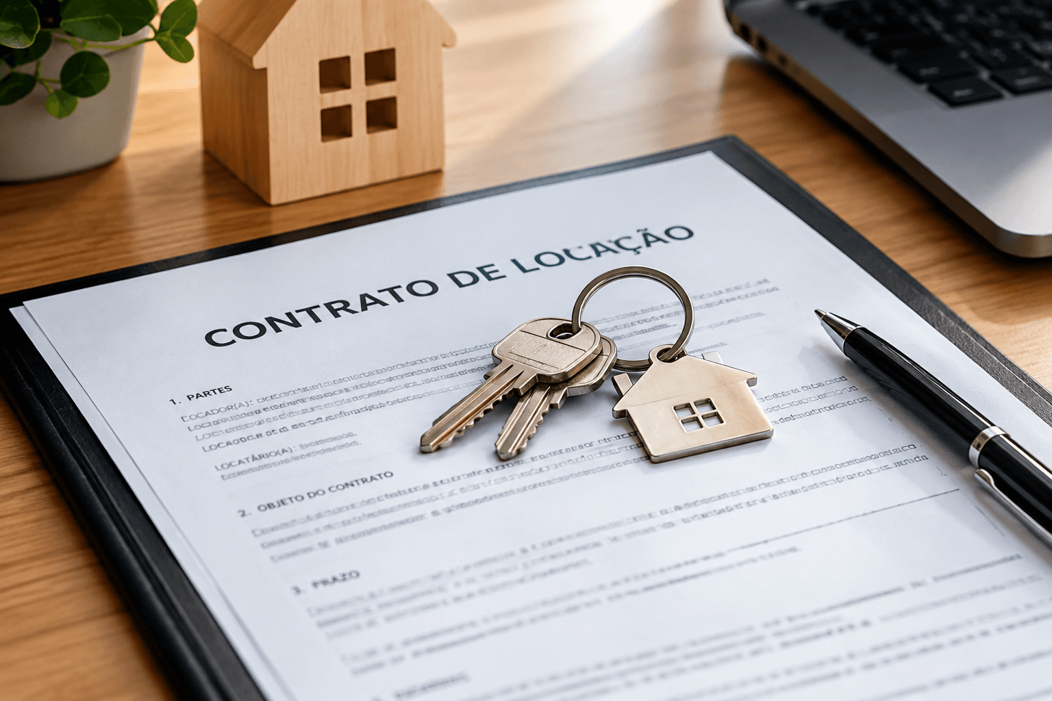Chaves de imóvel sobre um contrato de locação, seguro fiança locatícia